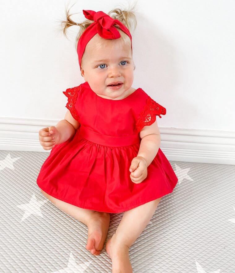 Baby girl wearing Red Lace Romper Dress (in 0-6 months, 6-12 months, 12-18 month &  18-24 months) - Lulu Babe