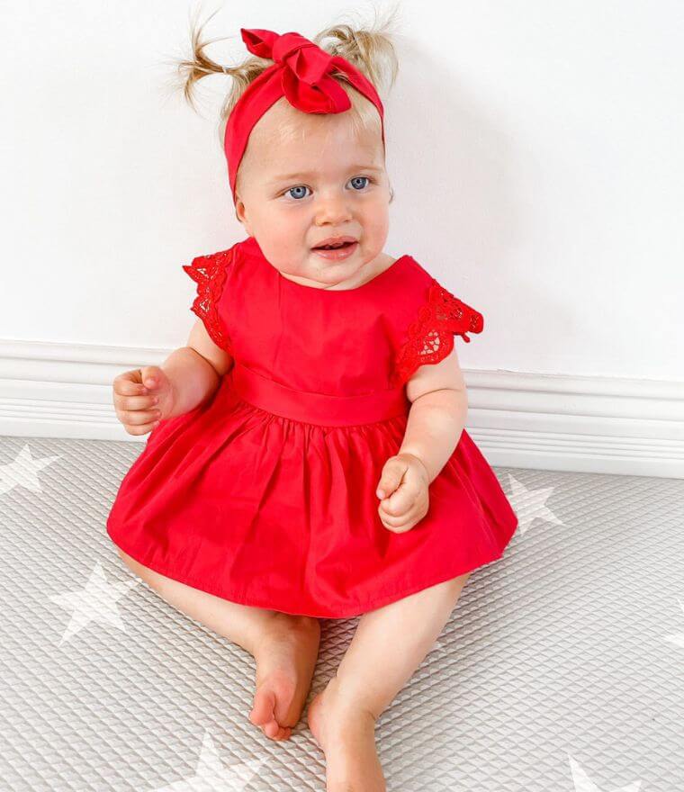 Red Lace Baby Romper Dress | Peplum Romper with Matching Headband - Lulu Babe