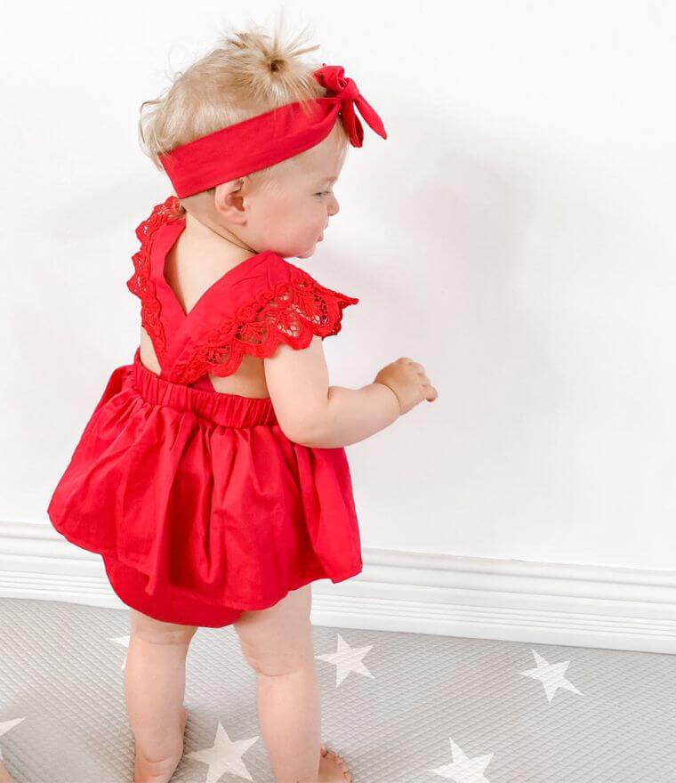 Baby girl wearing Red Lace Romper Dress (in 0-6 months, 6-12 months, 12-18 month &  18-24 months) - Lulu Babe