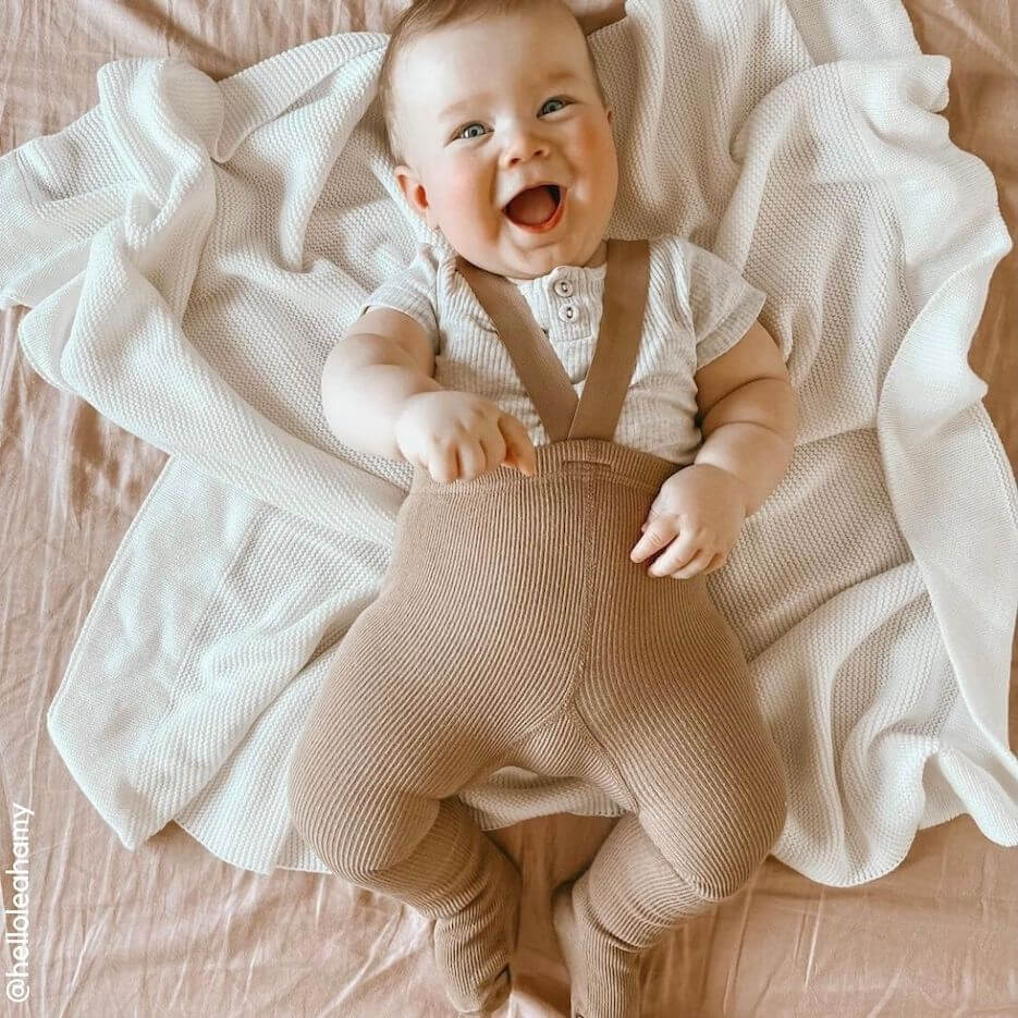Adorable baby boy wearing ribbed suspender tights in latte - from Lulu Babe