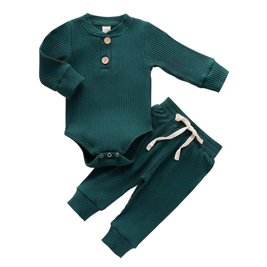 Ribbed long sleeve baby bodysuit and matching pants set in olive green