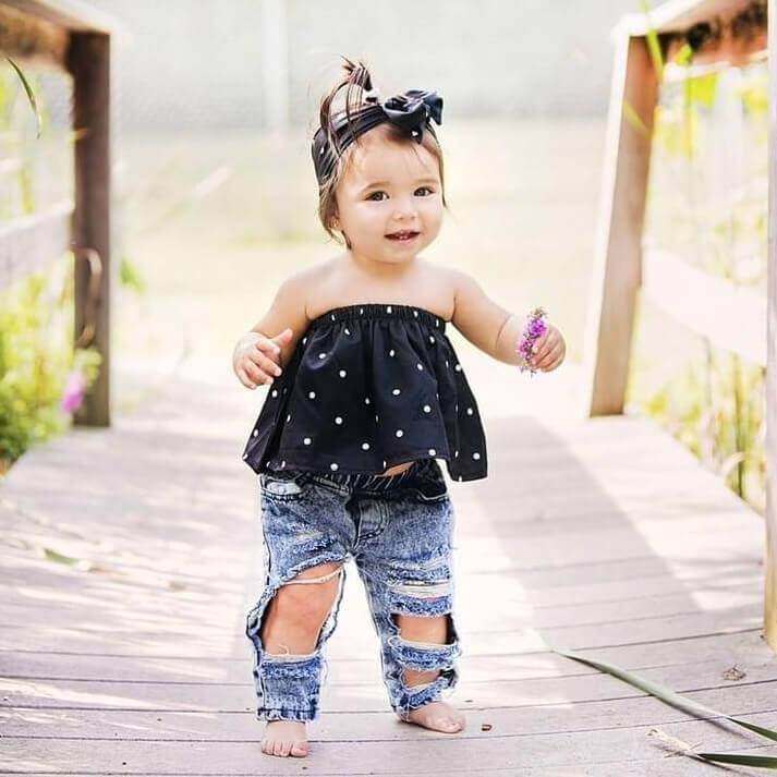 Polka Dot Denim Baby Set | Trendy Baby & Toddler Girl Outfit - Lulu Babe