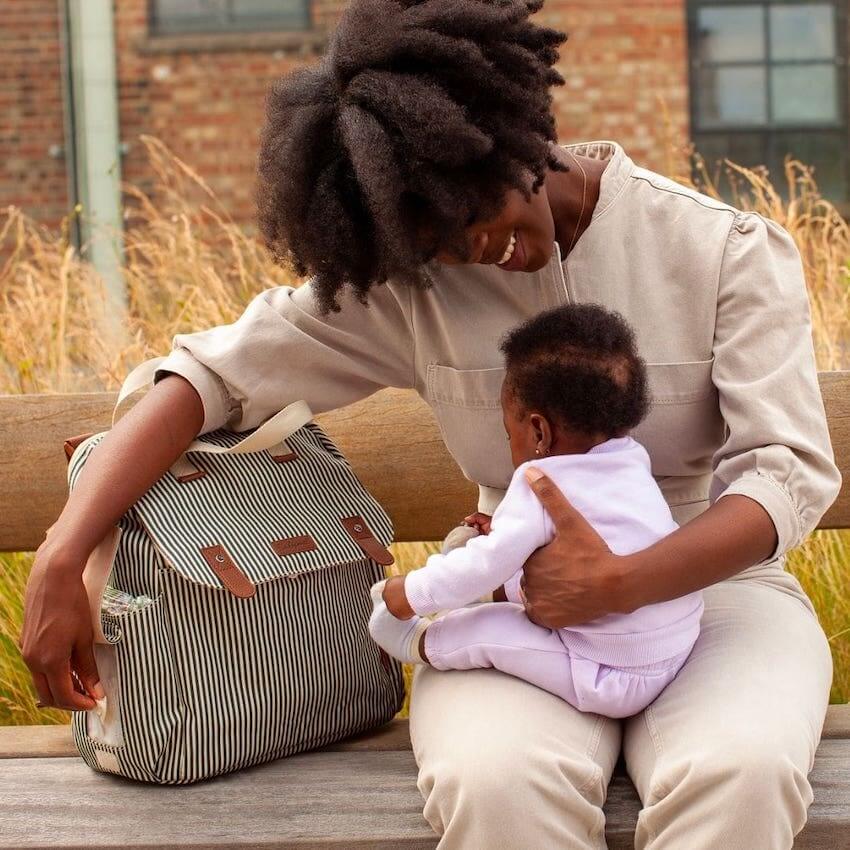 Babymel Robyn Eco Convertible Nappy Backpack - Navy Stripe - lifestyle image