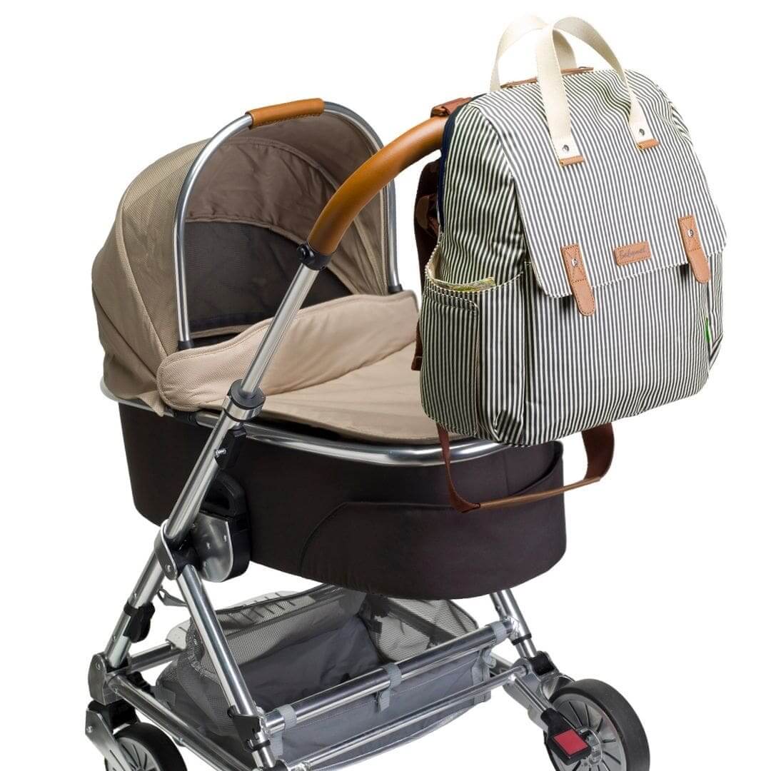 Babymel Robyn Eco Convertible Nappy Backpack - Navy Stripe - attached to pram