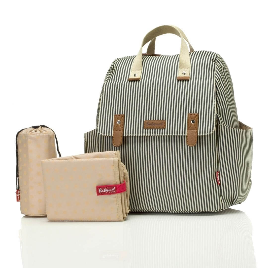 Babymel Robyn Eco Convertible Nappy Backpack - Navy Stripe - with accessories