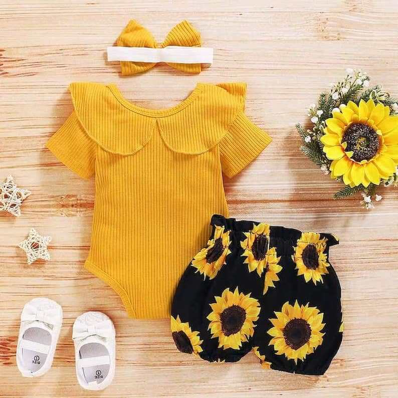 Ruffle Sunflower Baby Set | Romper, Shorts & Headband - Lulu Babe - Lulu Babe