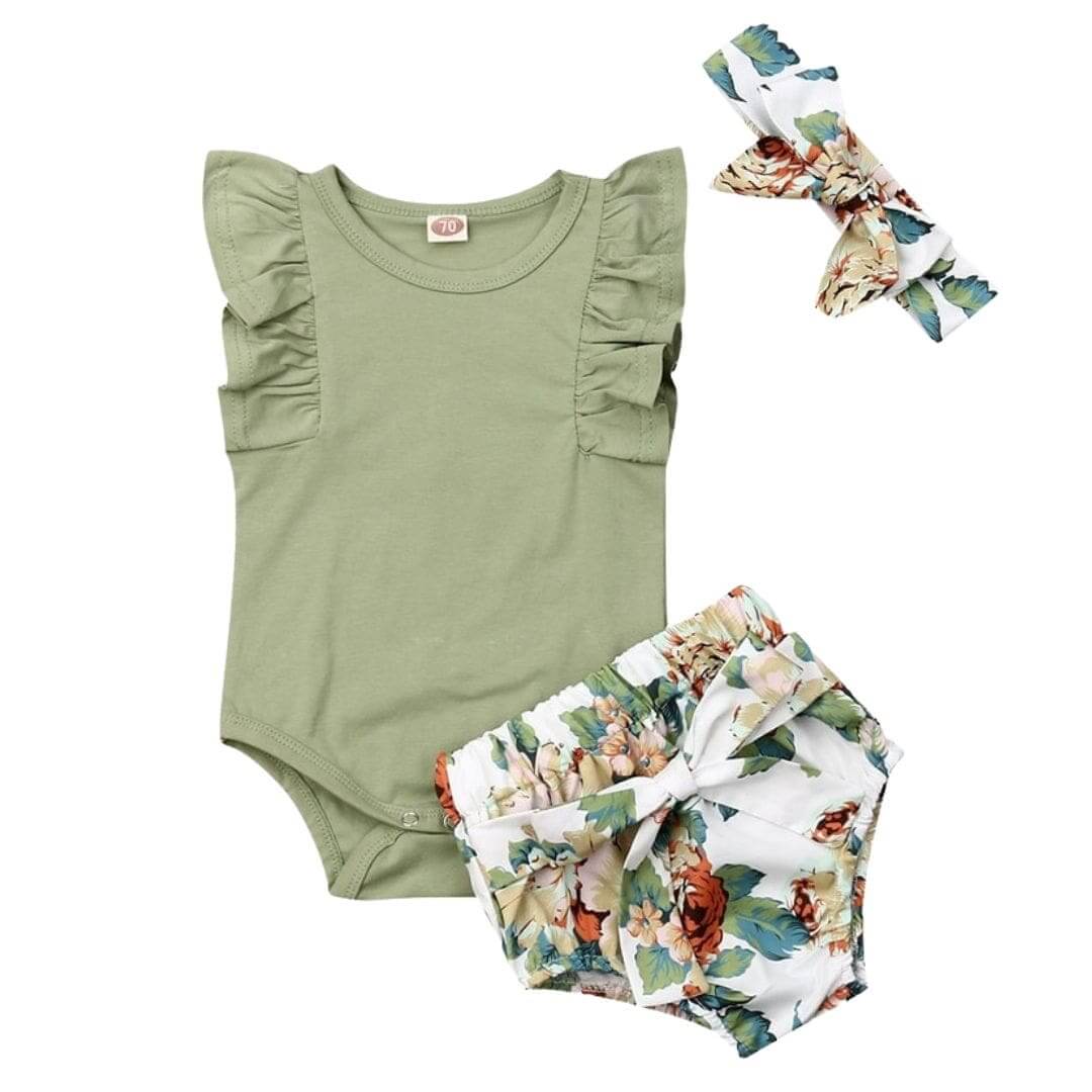 Sage Flutter Baby Girl Outfit | Stylish Green &amp; Floral Summer Set - Lulu Babe