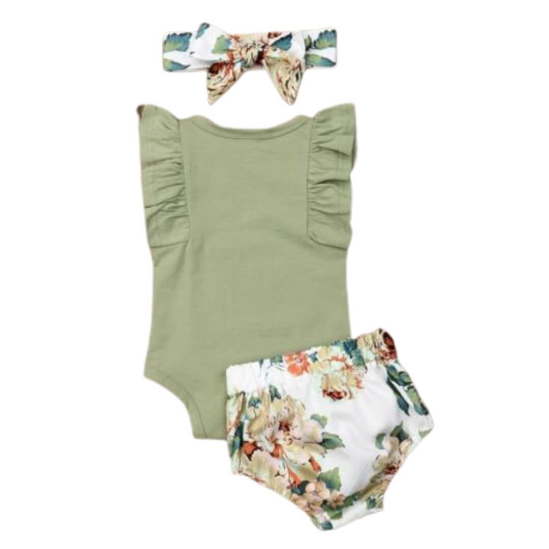 Sage Flutter Baby Girl Outfit | Stylish Green & Floral Summer Set - Lulu Babe