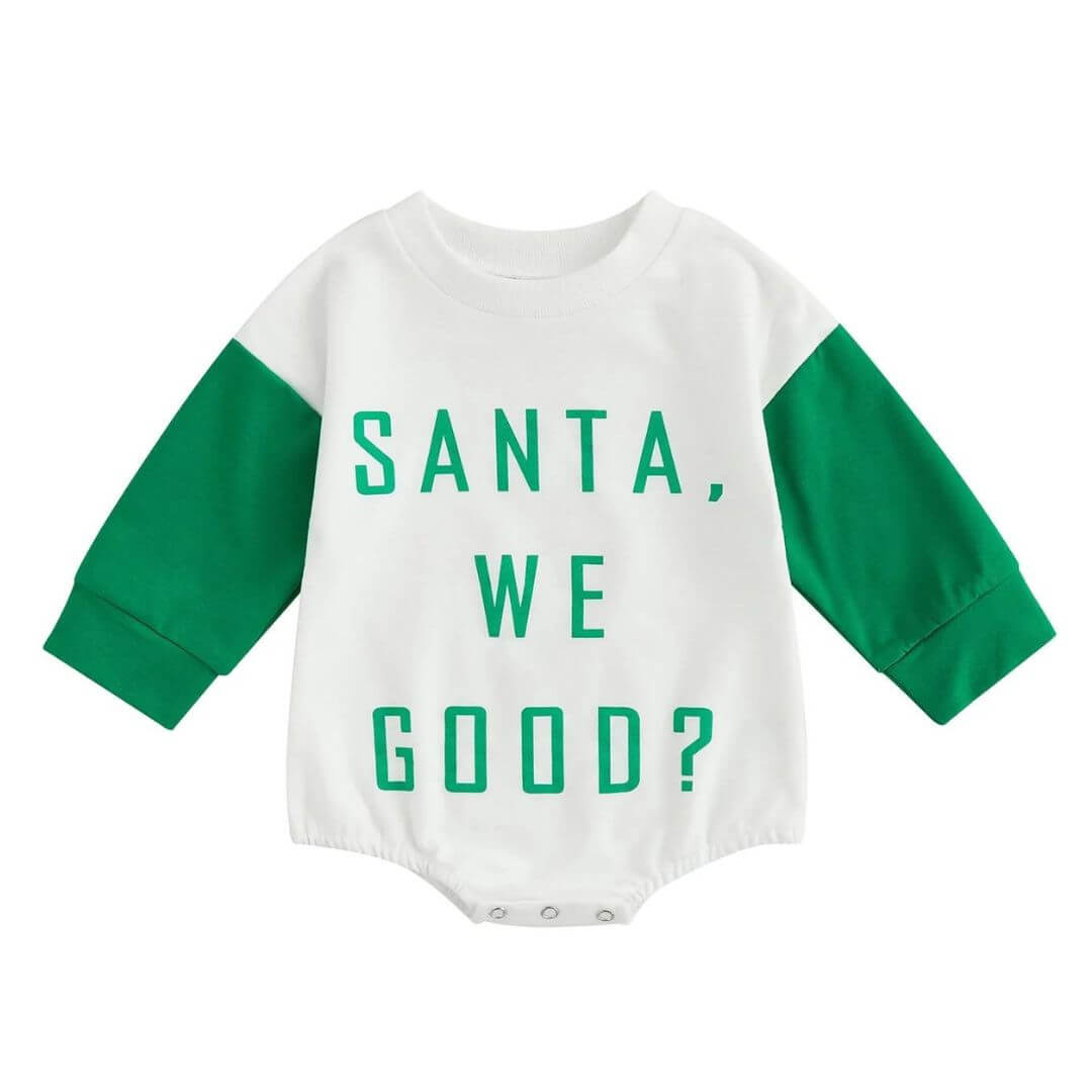 Santa We Good Romper | Baby Christmas Onesie Green &amp; White - Lulu Babe