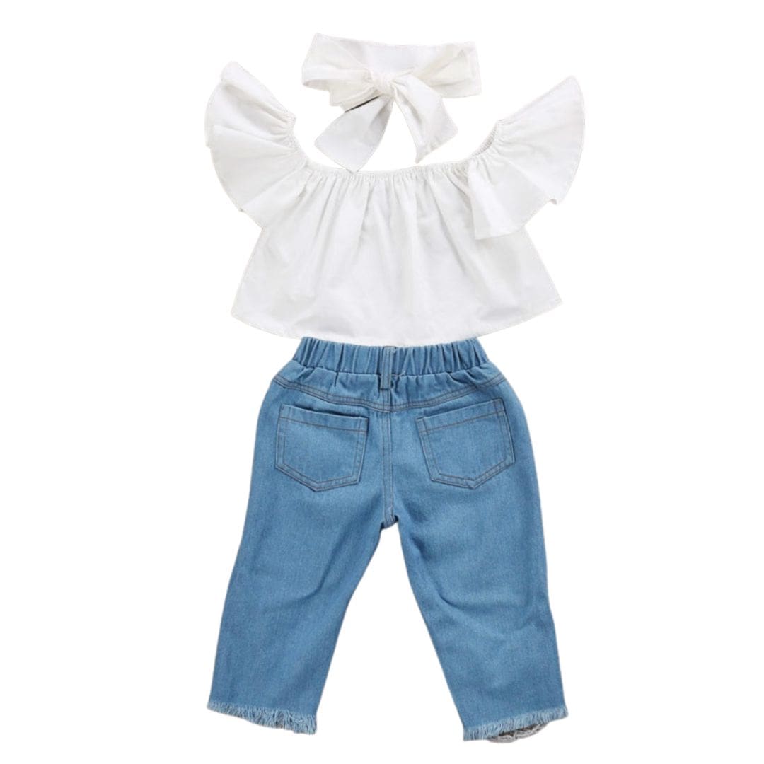 Skye Denim Toddler Set | Blue Jeans & White Off Shoulder Top for Girls - Lulu Babe