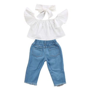Skye Denim Girls Set | Blue Jeans & White Off Shoulder Top - Lulu Babe