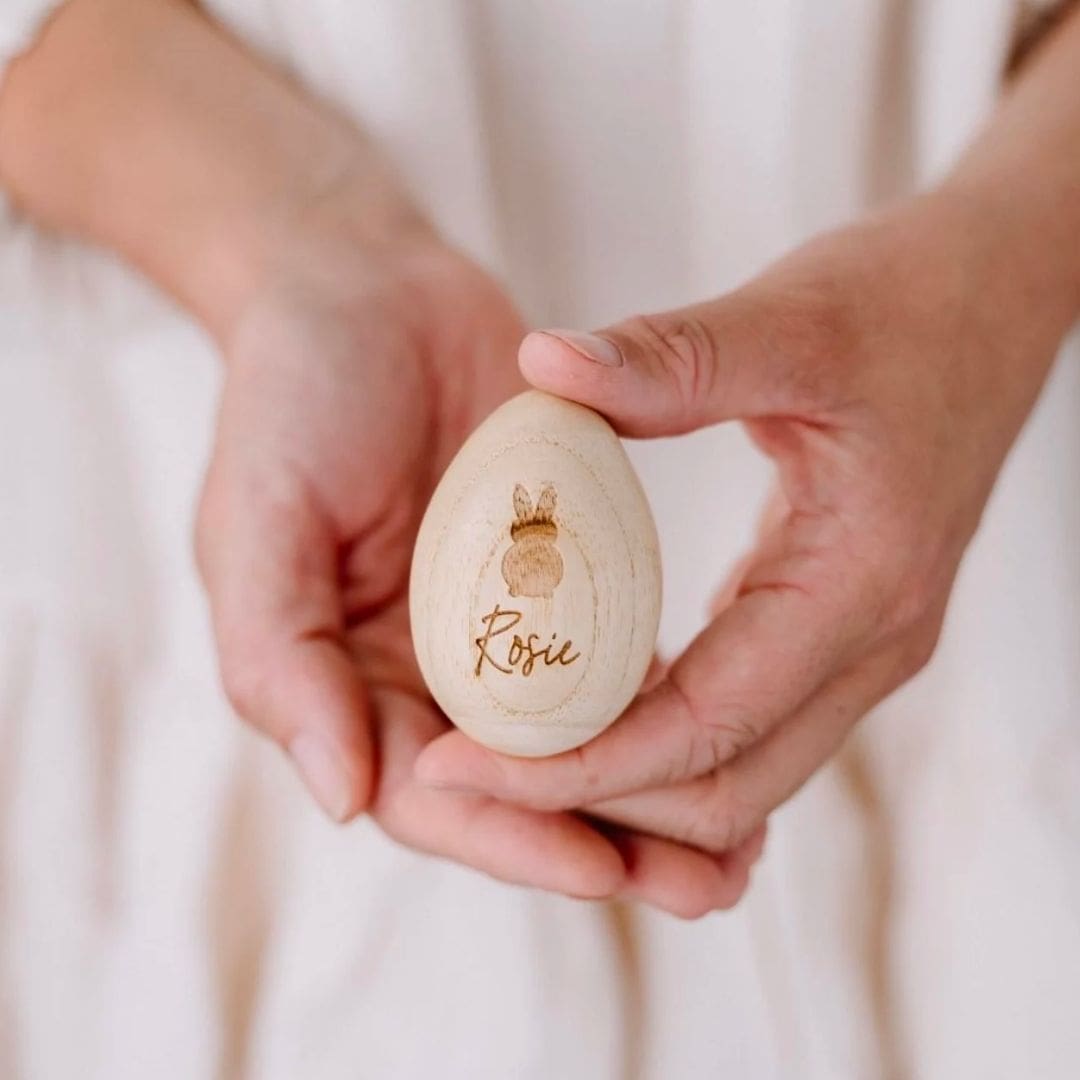 Personalised Wooden Bunny Egg Shaker | Unique Easter Baby Gift