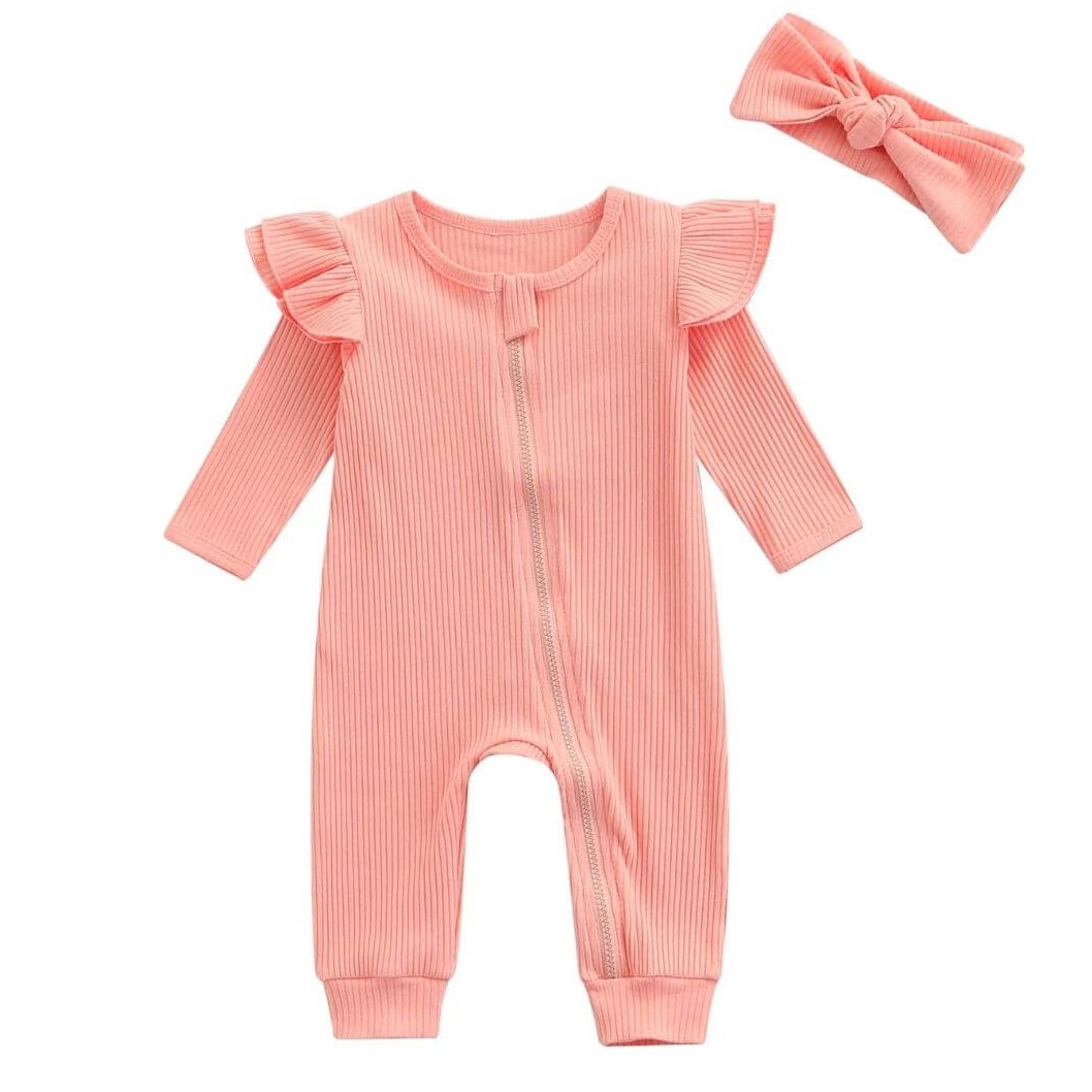 Zip Flutter Baby Romper | Ribbed Baby Girl Onesie &amp; Headband - Lulu Babe