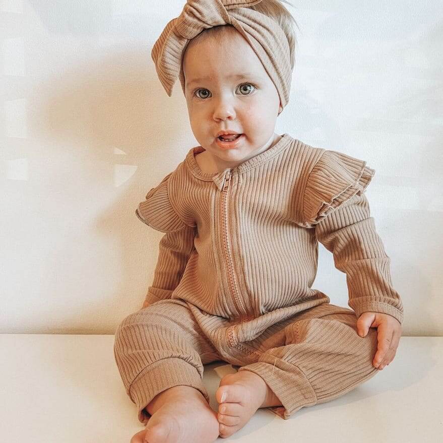 Zip Flutter Romper | Ribbed Baby Onesie & Headband